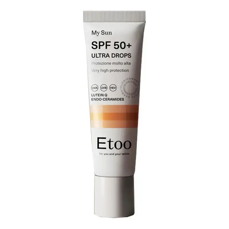 Etoo Crema solare viso 50+ spf fluido per pelli tatuate my sun ultra drops protezione molto alta 30 ml